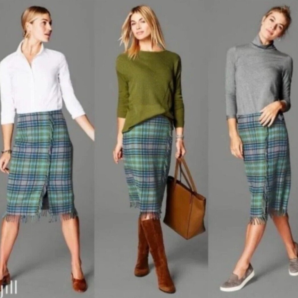 J. Jill Blue and Green Plaid Pencil Skirt faux wrap size 8 wool blend fringe